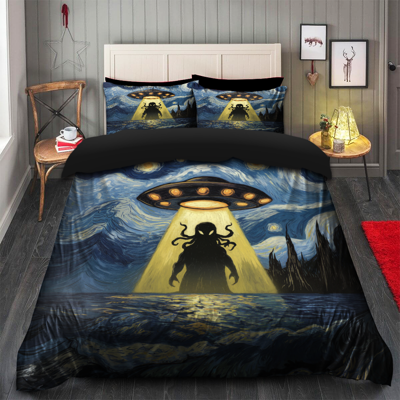 UFO Abducting Cthulhu In Starry Night Bedding Set