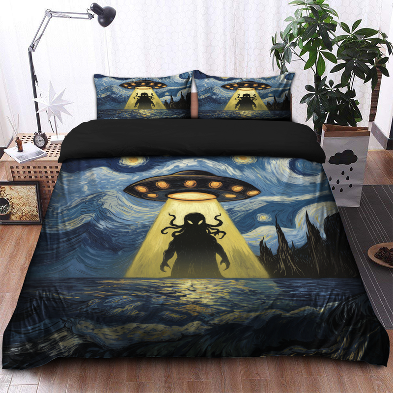 UFO Abducting Cthulhu In Starry Night Bedding Set