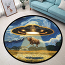 UFO Abducting A Yak In Starry Night Round Rug