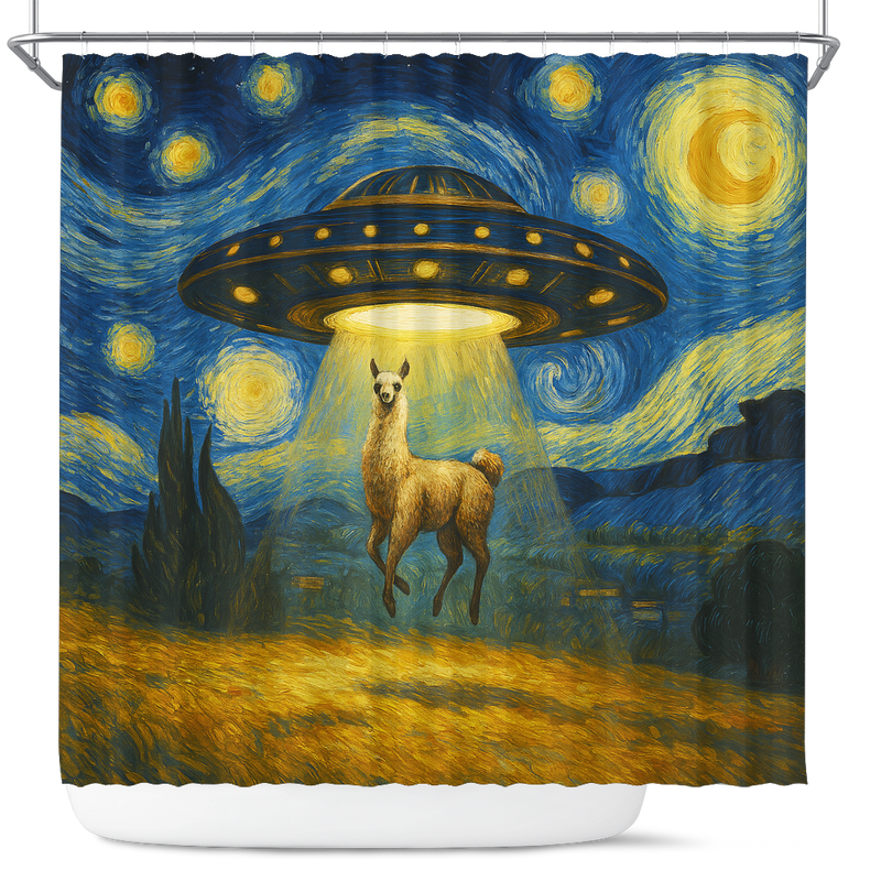 UFO Abducting An Alpacar In Starry Night Shower Curtain