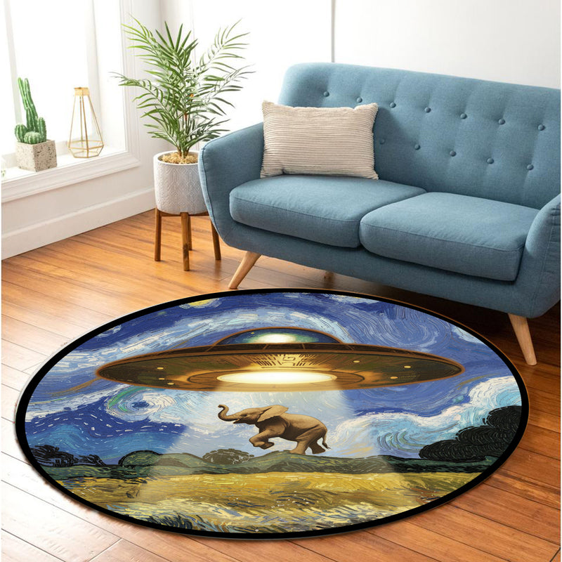 UFO Abducting Elephant In Starry Night Round Rug