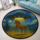 UFO Abducting A Horse In Starry Night Round Rug