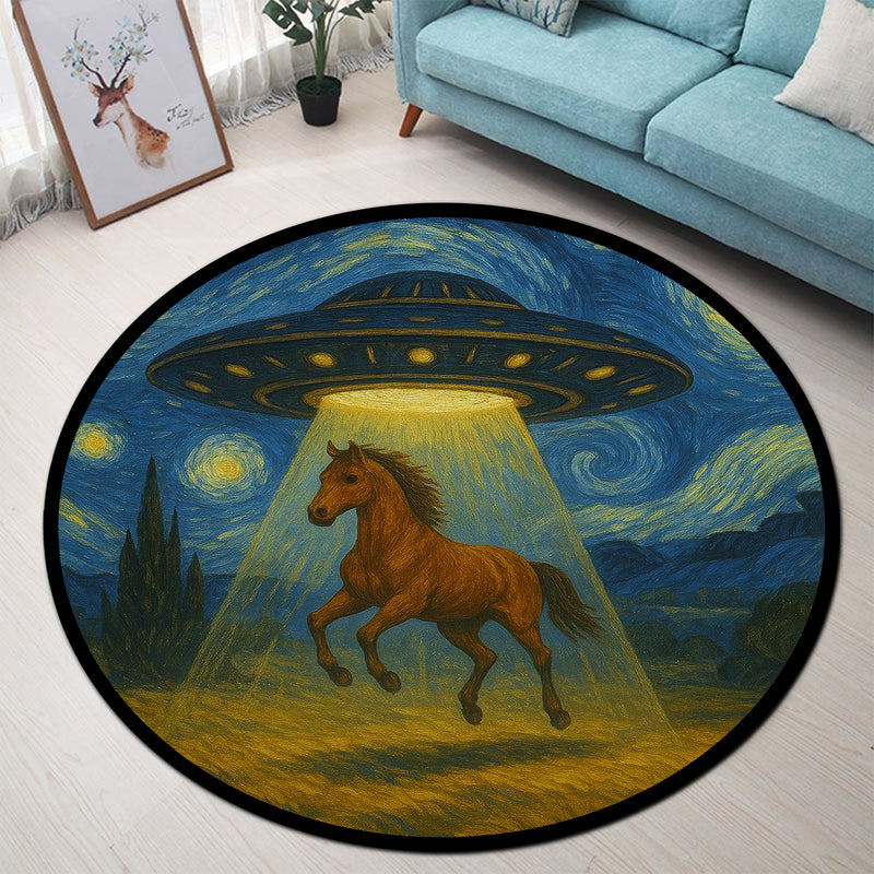 UFO Abducting A Horse In Starry Night Round Rug