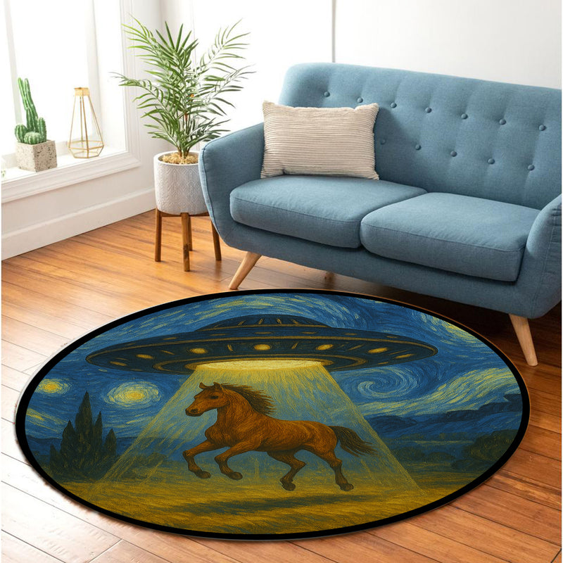 UFO Abducting A Horse In Starry Night Round Rug