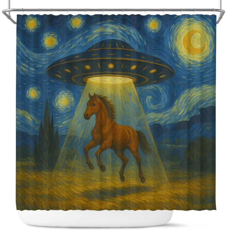UFO Abducting A Horse In Starry Night Shower Curtain