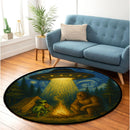 UFO Abducting Alien And Bigfoot In Starry Night Round Rug