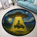 UFO Abducting Alien Drive Jeep In Starry Night Round Rug