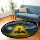 UFO Abducting Alien Drive Jeep In Starry Night Round Rug