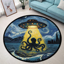 UFO Abducting Octopus In Starry Night Round Rug
