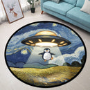 UFO Abducting A Penguin In Starry Night Round Rug