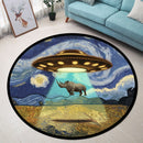 UFO Abducting A Rhino In Starry Night Round Rug