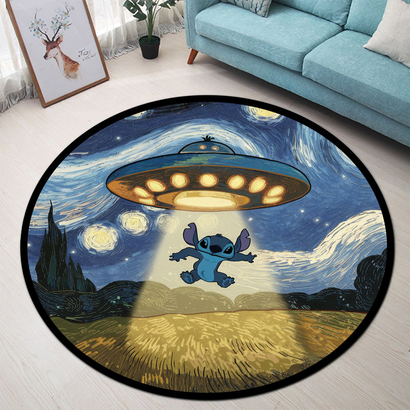 UFO Abducting Stitch In Starry Night Round Rug