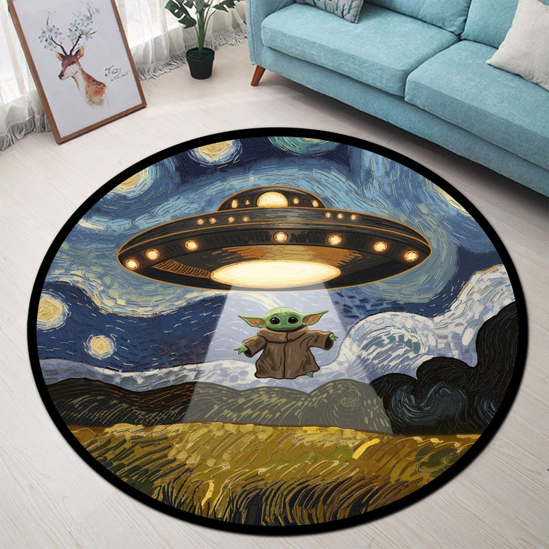 UFO Abducting Baby Yoda In Starry Night Round Rug