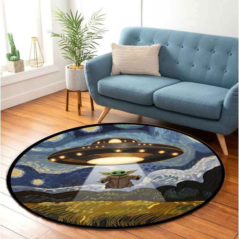 UFO Abducting Baby Yoda In Starry Night Round Rug