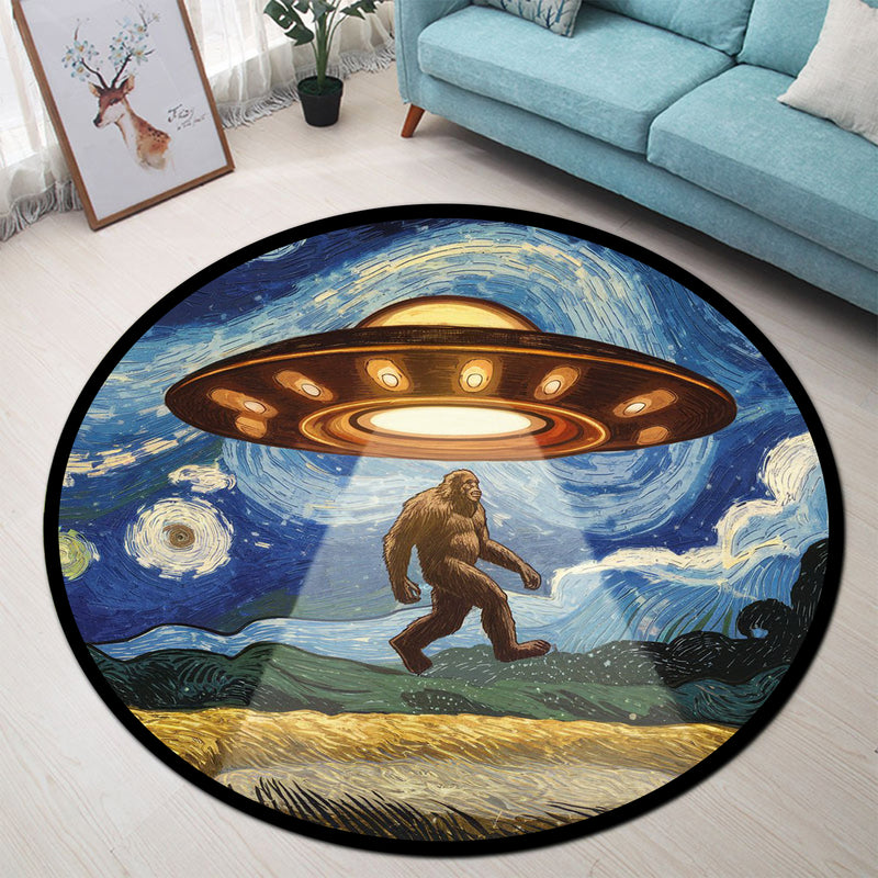 UFO Abducting Bigfoot In Starry Night Round Rug
