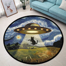 UFO Abducting Black Cat In Starry Night Round Rug
