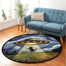 UFO Abducting Black Cat In Starry Night Round Rug