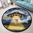 UFO Abducting Cute Dog Golden Retriever In Starry Night Round Rug