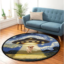 UFO Abducting Cute Dog Golden Retriever In Starry Night Round Rug