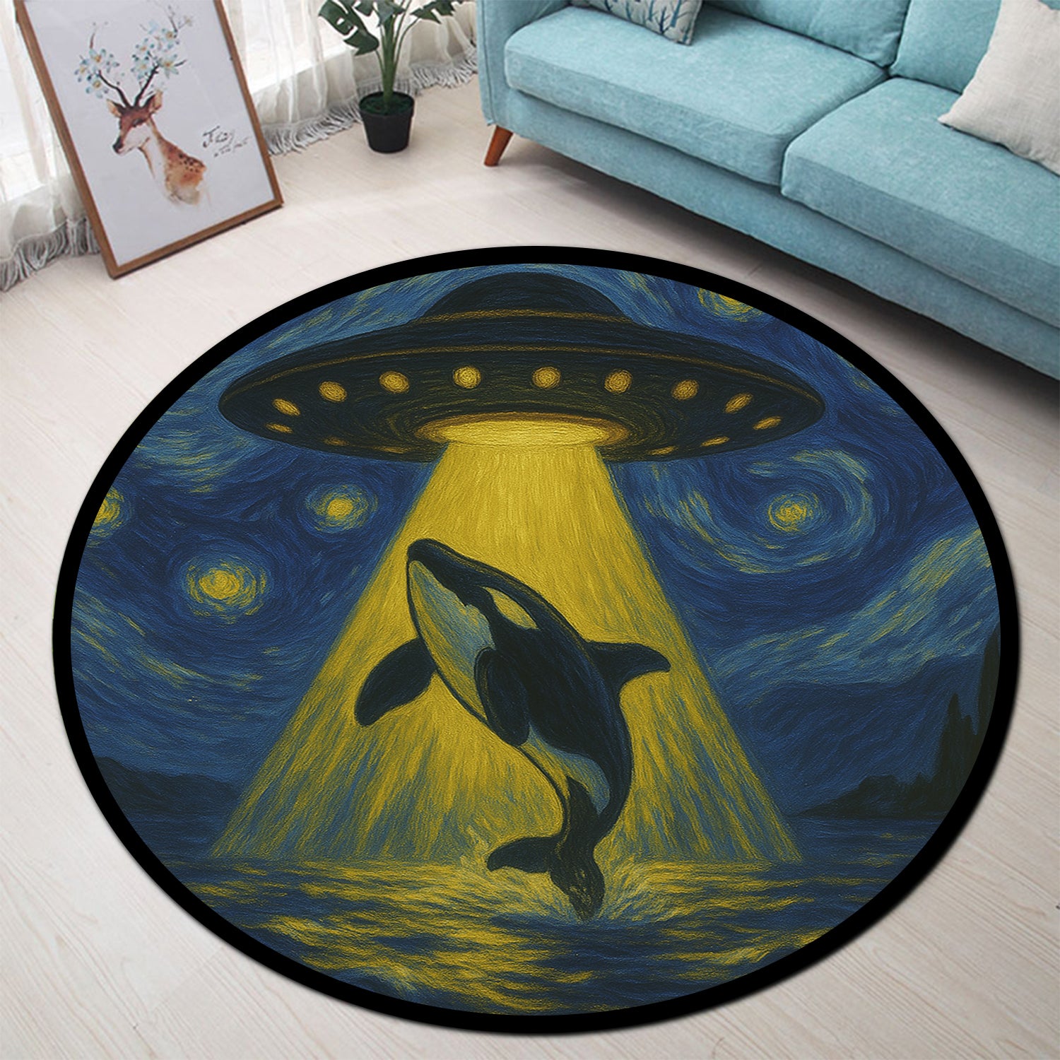 UFO Abducting Killer Whale In Starry Night Round Rug