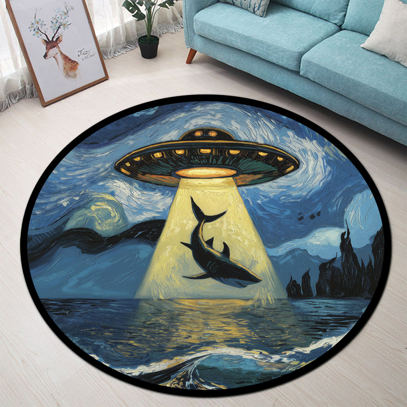 UFO Abducting White Shark Starry Night Round Rug