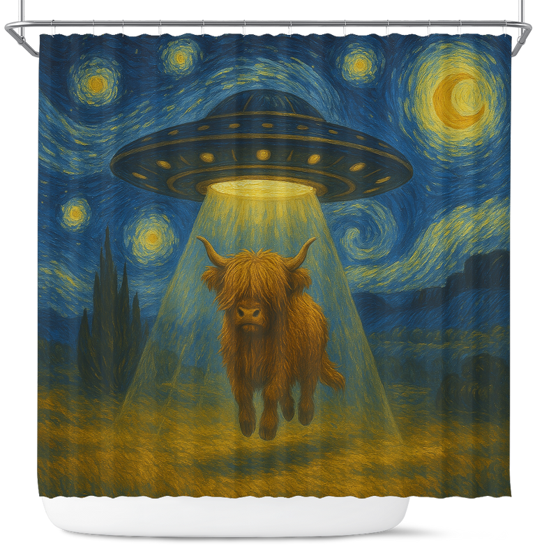 UFO Abducting Yak Cow In Starry Night Shower Curtain