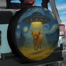 UFO Abducting A Yak Cow In Starry Night Jeep Car Spare Tire Cover