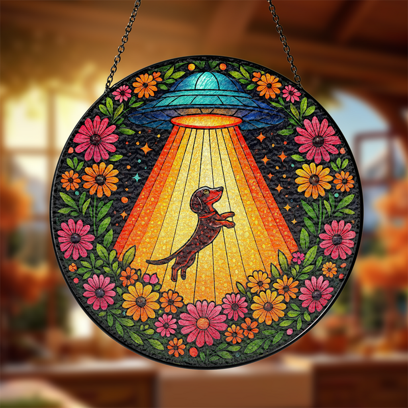 UFO Dachshund Alien Stained Glass Suncatcher