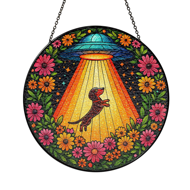 UFO Dachshund Alien Stained Glass Suncatcher