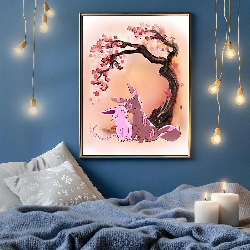 Umbreon And Espeon Eevee Evolution Pokemon Anime Cherry Blossom Japan - Living Room - Canvas Wall Art - Print - Wall Decor