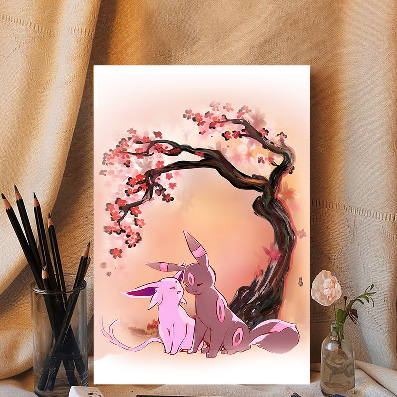 Umbreon And Espeon Eevee Evolution Pokemon Anime Cherry Blossom Japan - Living Room - Canvas Wall Art - Print - Wall Decor