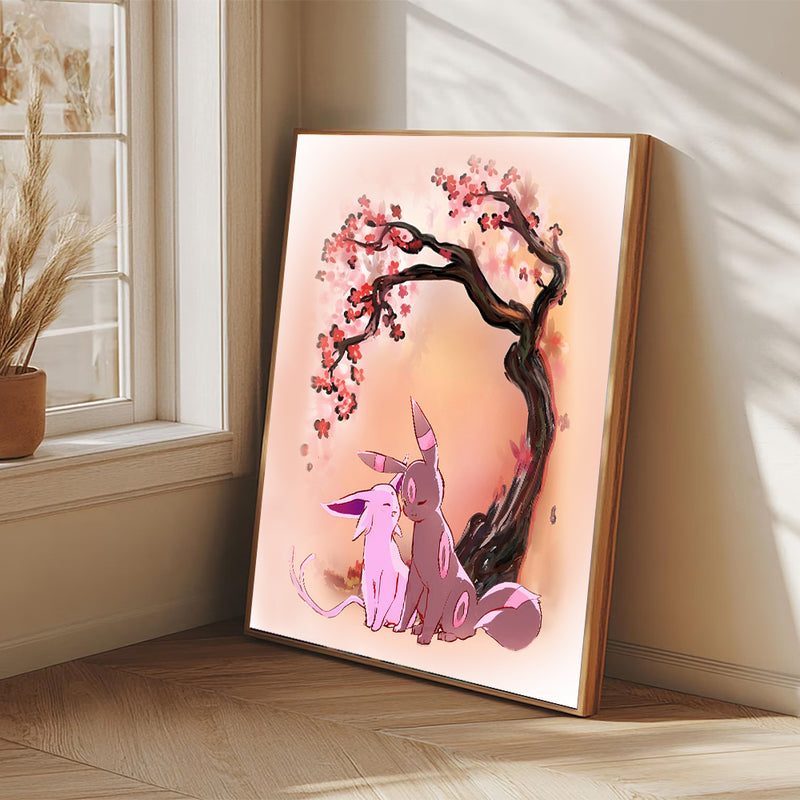 Umbreon And Espeon Eevee Evolution Pokemon Anime Cherry Blossom Japan - Living Room - Canvas Wall Art - Print - Wall Decor