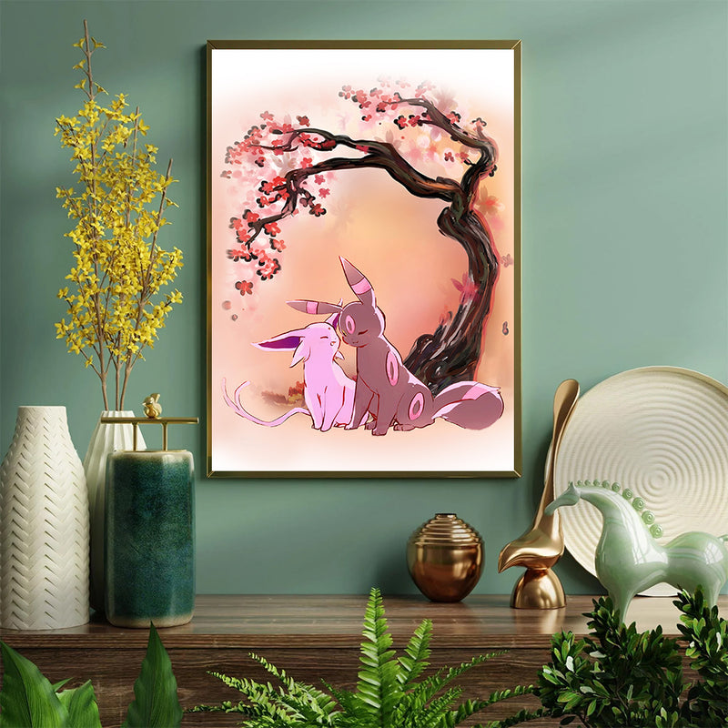 Umbreon And Espeon Eevee Evolution Pokemon Anime Cherry Blossom Japan - Living Room - Canvas Wall Art - Print - Wall Decor