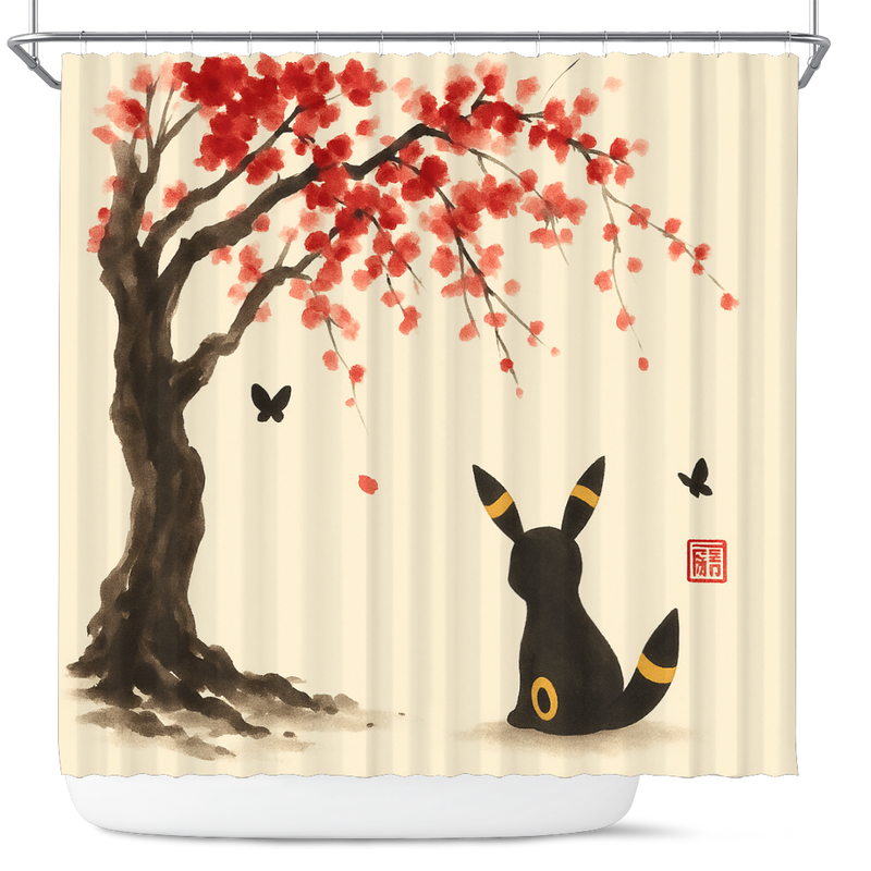Umbreon Pokemon Under Cherry Blossom Japan Ink Shower Curtain