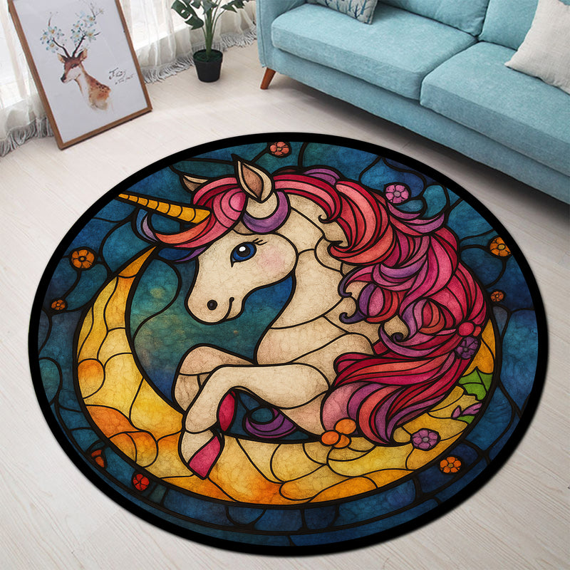 Unicorn Moon Stained Glass Round Rug