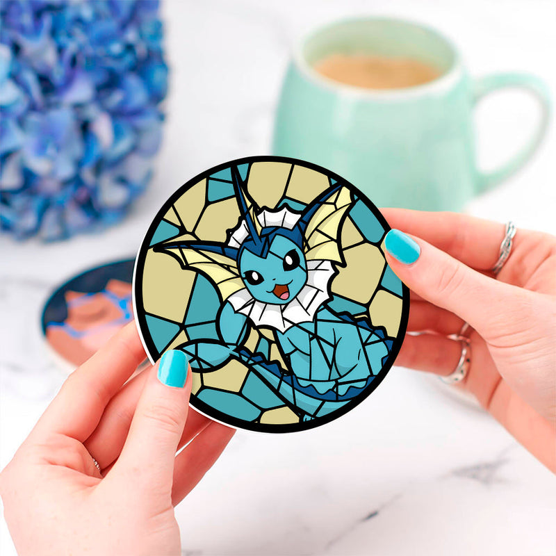 Vaporeon Eevee Evolution Pokemon Stained Glass Decor Coaster - Gift Idea