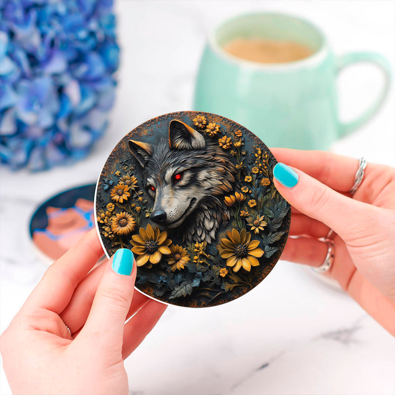 Wolf Flower Stained Glass Decor Coaster - Gift Idea