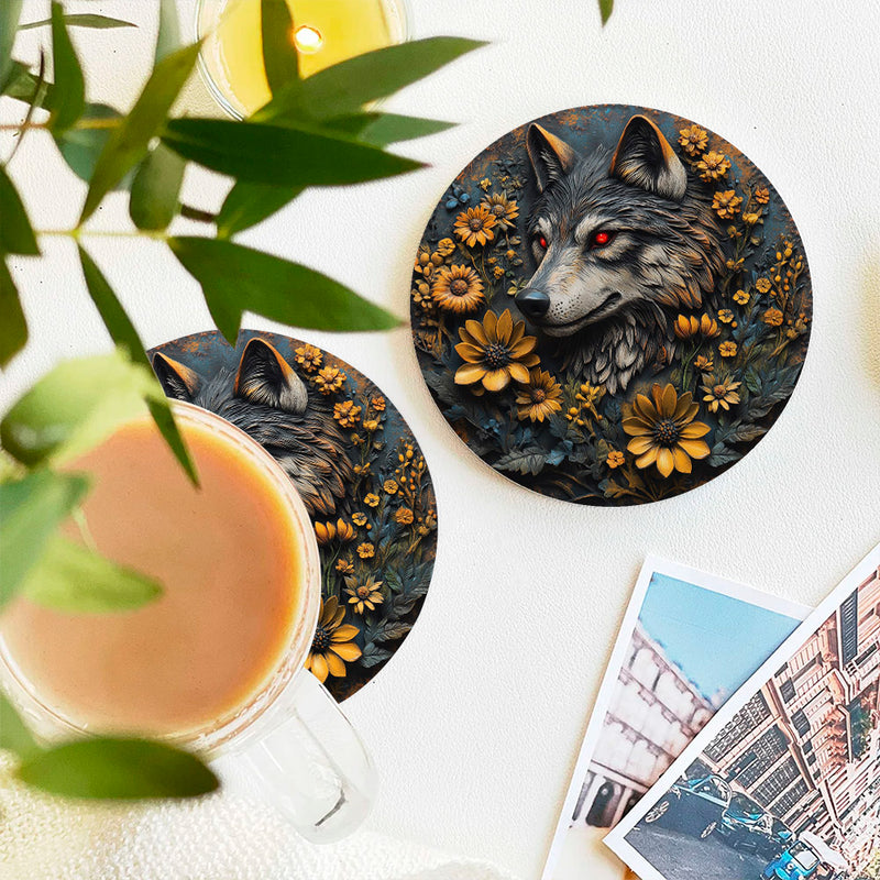 Wolf Flower Stained Glass Decor Coaster - Gift Idea