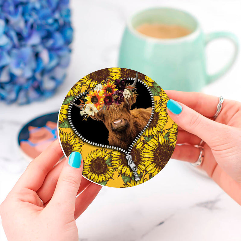 Yak Sunflower Zipper Ceramic Decor Coaster - Gift Idea