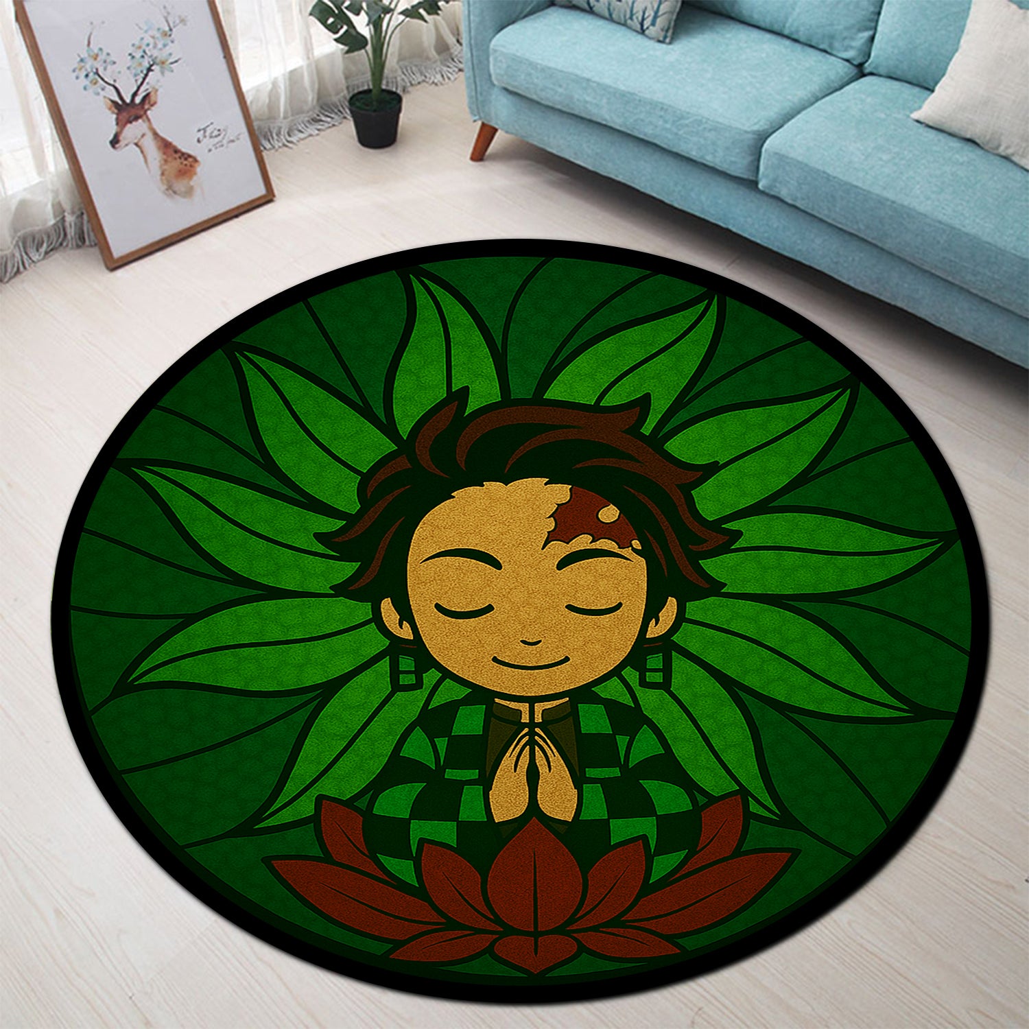 Tanjiro Rug Yoga Meditation Mandala Tanjiro Kamado Demon Stained Glass Round Rug