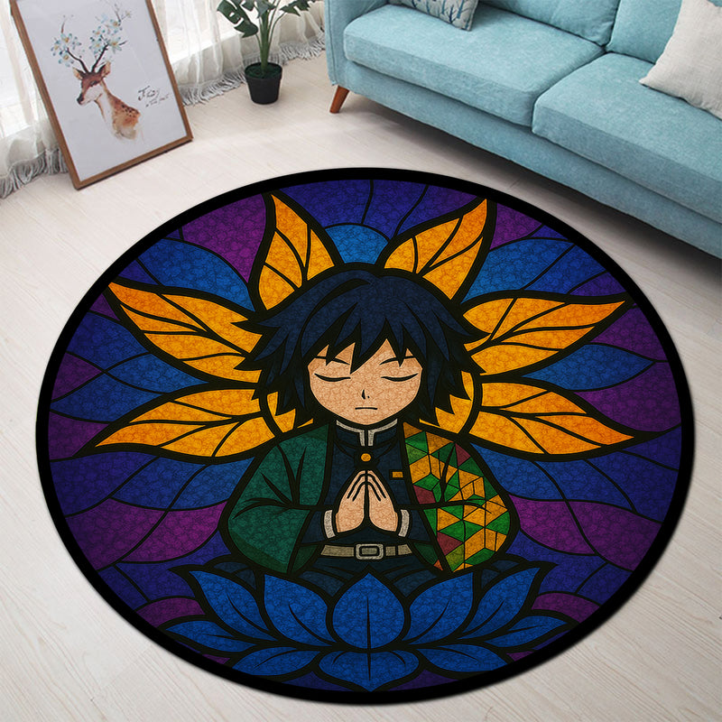Yoga Meditation Mandala Tomioka Giyu Demon Stained Glass Round Rug
