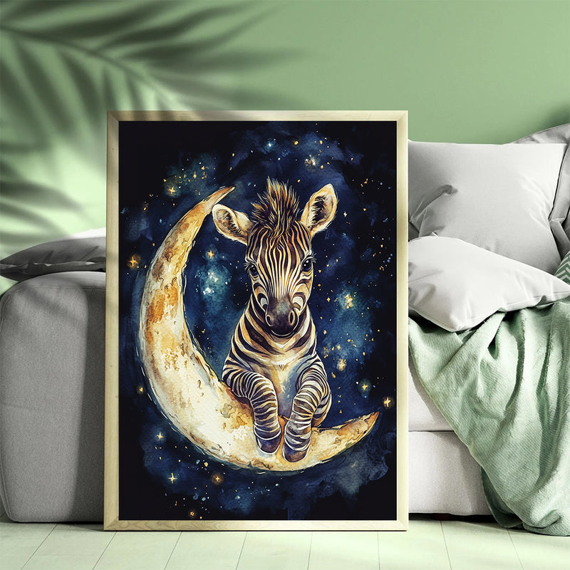 Baby Zebra Moon Adventure - Living Room - Canvas Wall Art - Print - Wall Decor