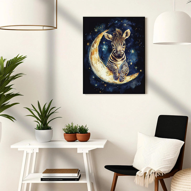 Baby Zebra Moon Adventure - Living Room - Canvas Wall Art - Print - Wall Decor