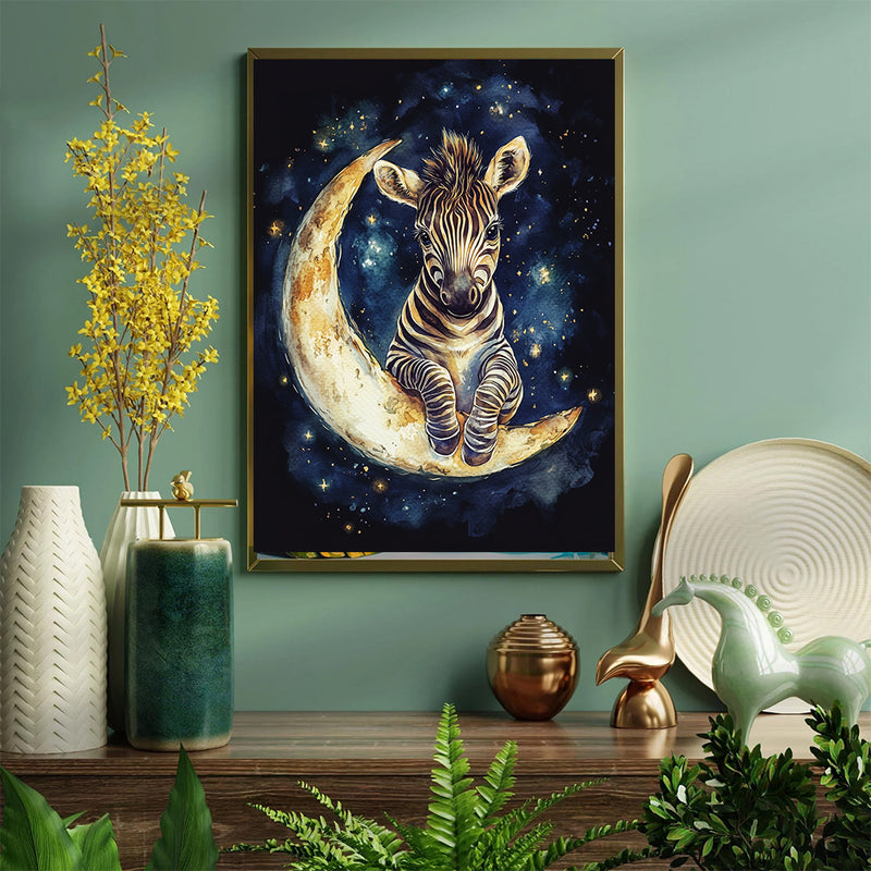 Baby Zebra Moon Adventure - Living Room - Canvas Wall Art - Print - Wall Decor