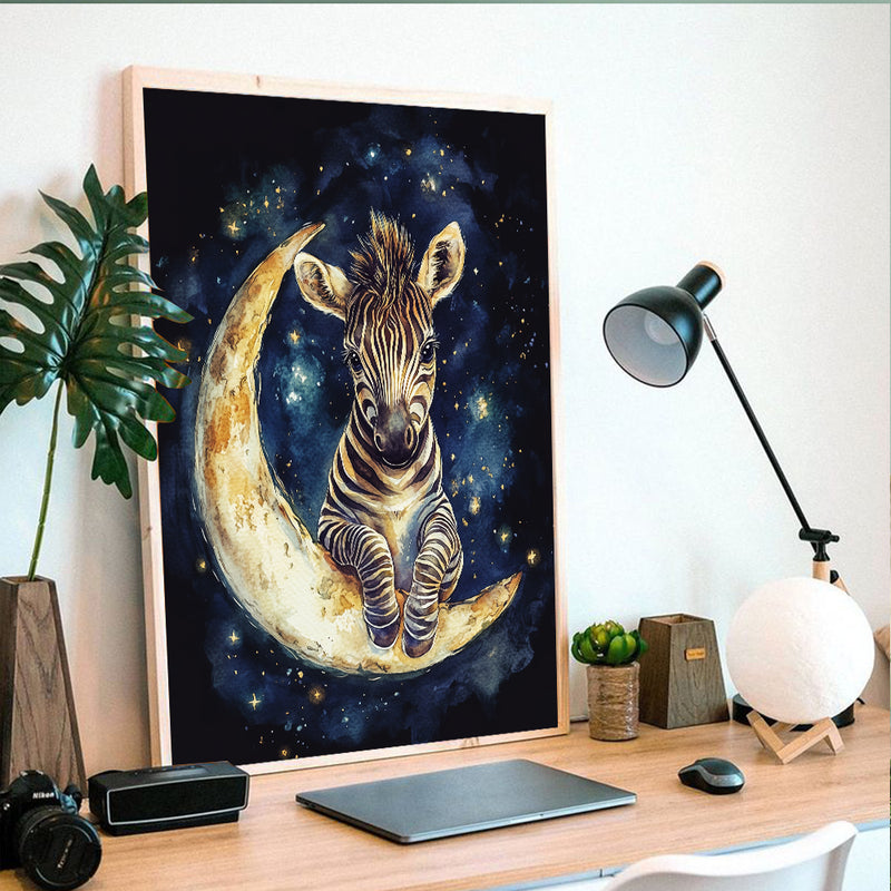 Baby Zebra Moon Adventure - Living Room - Canvas Wall Art - Print - Wall Decor