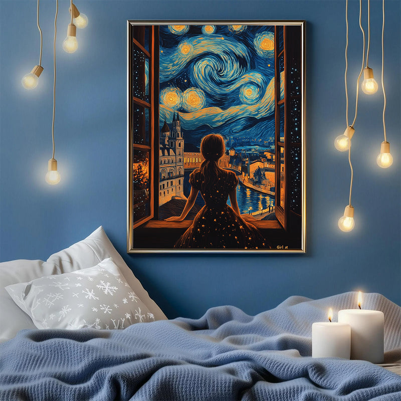 Girl And Starry Night - Living Room - Canvas Wall Art - Print - Wall Decor