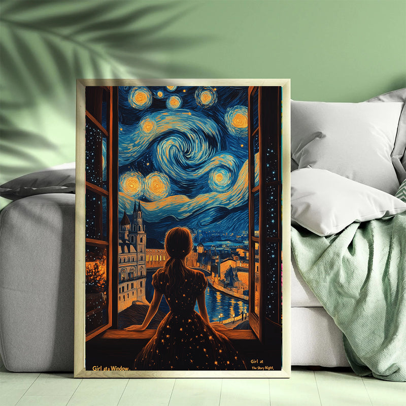 Girl And Starry Night - Living Room - Canvas Wall Art - Print - Wall Decor