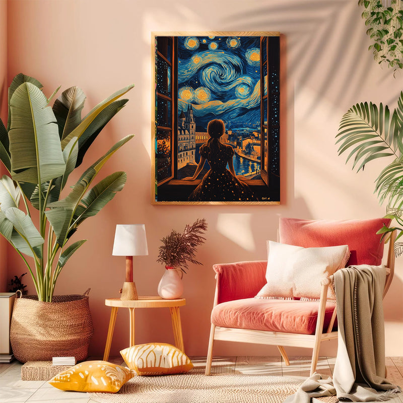 Girl And Starry Night - Living Room - Canvas Wall Art - Print - Wall Decor