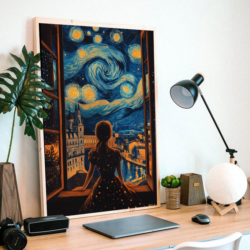 Girl And Starry Night - Living Room - Canvas Wall Art - Print - Wall Decor