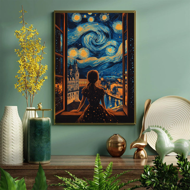 Girl And Starry Night - Living Room - Canvas Wall Art - Print - Wall Decor